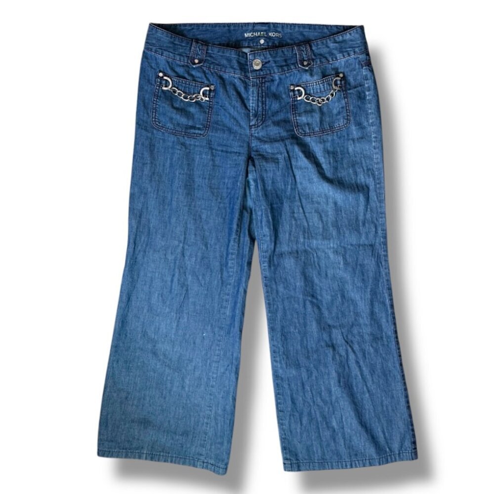 Y2K Michael Kors Wide Leg Jeans Chain Detail Women's Size 14 Cotton Linen Blend